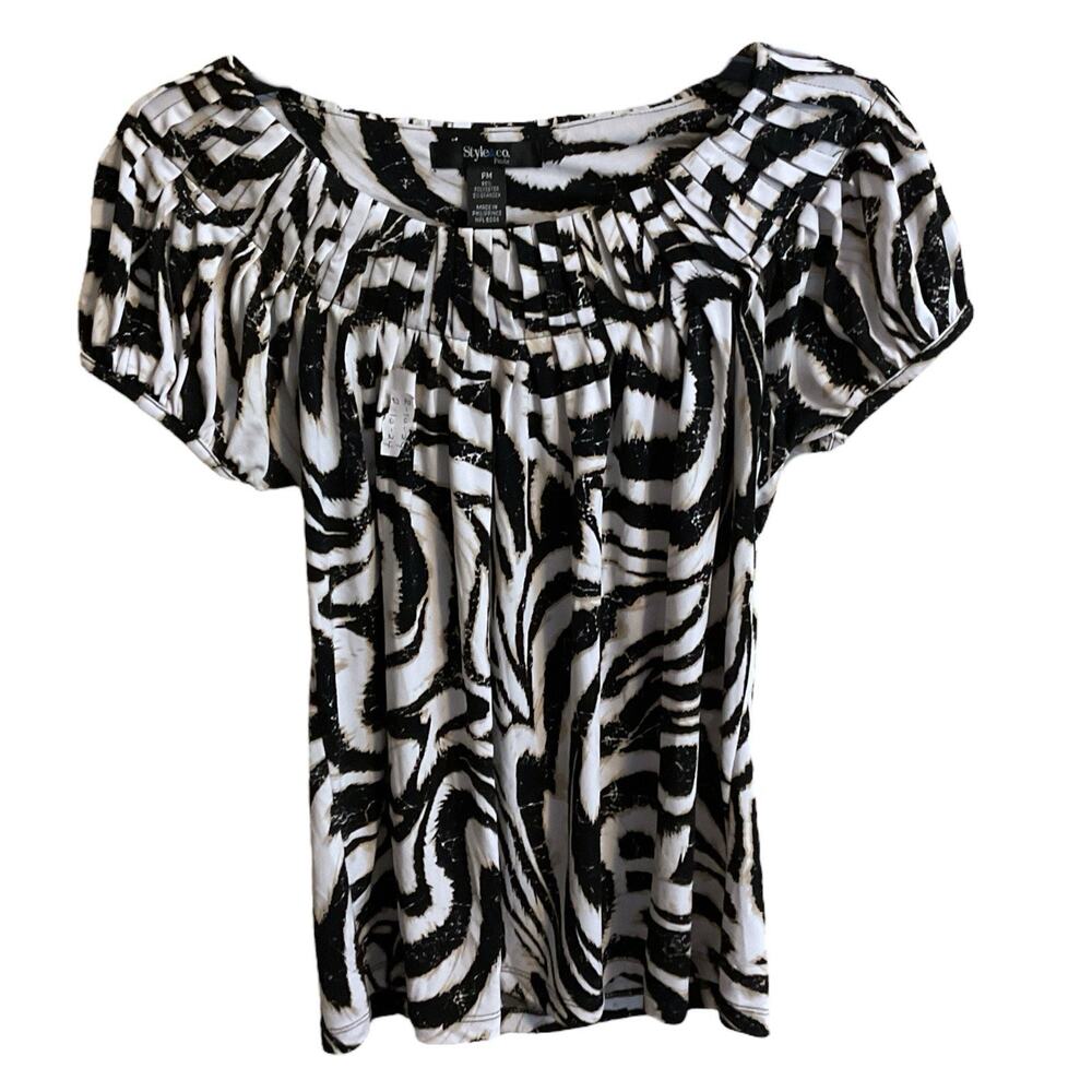 Style &‎ Co PM Top Black White Tan Abstract Print Scoop Neck Stretch Knit Travel
